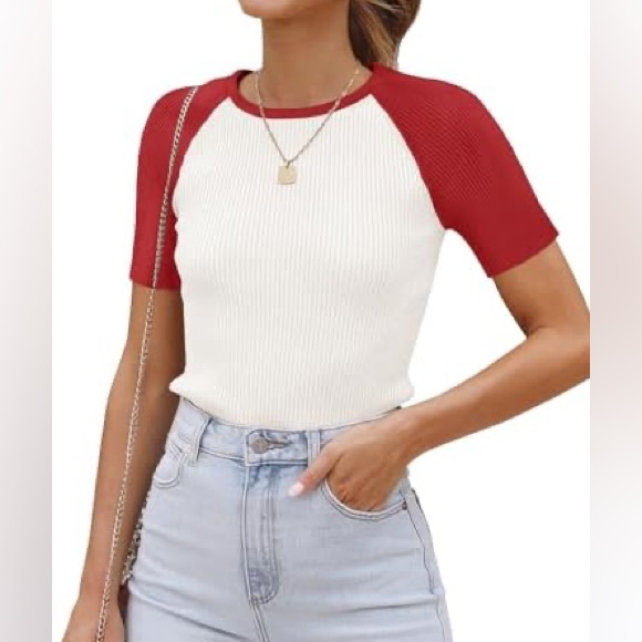 SO Tops - SO Red and White Cropped Waffle Knit Shirt